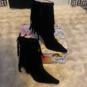 Jeffrey Campbell Black Fringe Heeled Boots